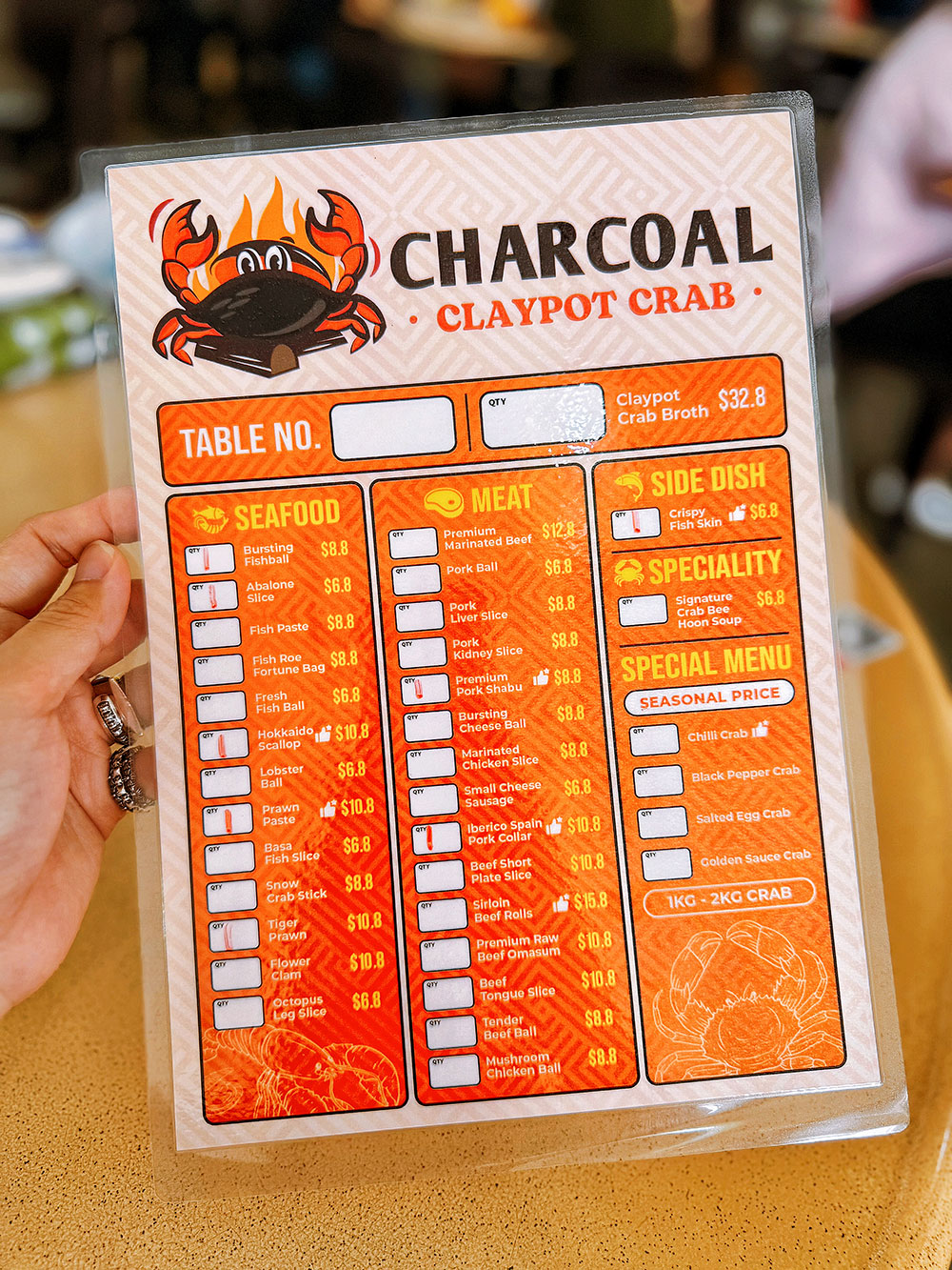 Charcoal Claypot Crab Menu